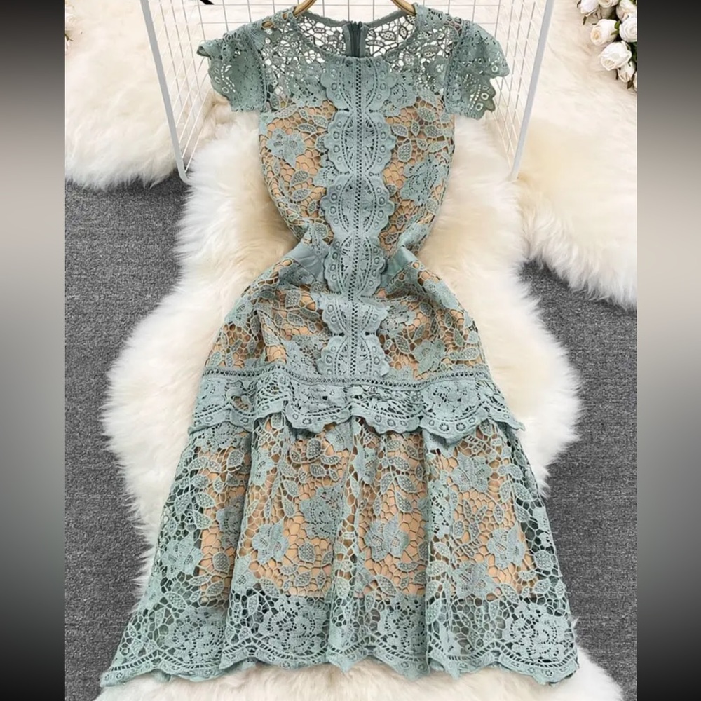 #152 Elegant Butterfly Sleeve Crochet Lace Casual O-neck High Waist Dress - Picture 11 of 16
